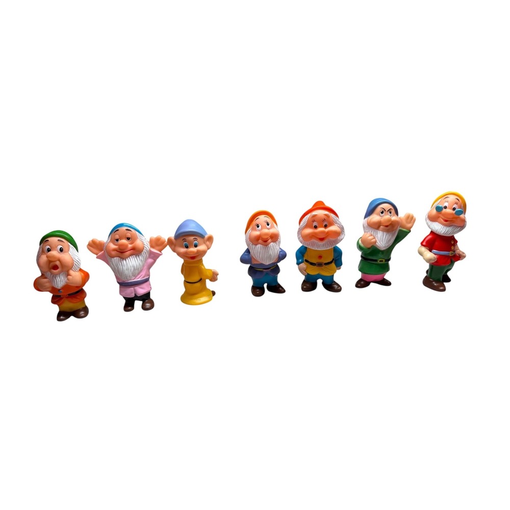 Vintage Disney Seven Dwarfs Rubber Squeeze Toys Set Hong Kong Snow White Figures